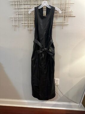 Black (real) Leather Sleeveless Midi Dress with Waist Tie